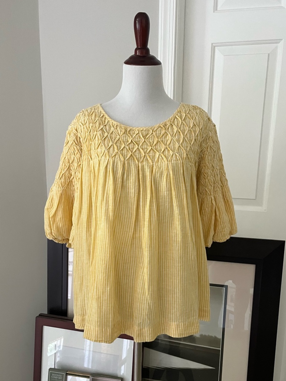 By Anthropologie Liza Smocked Yoke Peasant Top - Yellow stripe
